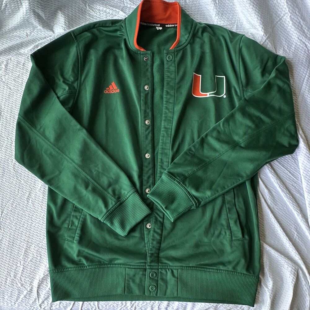 adidas Miami Hurricanes Basketball Snap-Front Jacket U Logo Green/Orange/White L